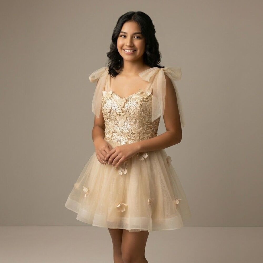 Sequin Butterfly Tulle Party Mini Dress Corset Lace Up Size 10 cream biege prom